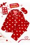 Girl's Cotton Fabric Suede Red Heart Pattern White Piping Sleep Band Shirt Collar Pajama Set (*With Wallet Gift*)