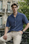 Men's Trend Relax Fit Navy Blue Linen Shirt - 5