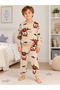 Boys' 100% Cotton Beige Color Airplane Pilot Patterned Long Sleeve Fleece-Lined Winter Pajama Set