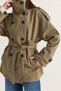 Women's Khaki Epaulettes, Stand Collar, Belted, Pocket Detailed, Lined, Medium Length Trench Coat 2835 60286509 - 7