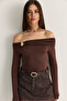 Women's Bitter Brown Madonna Collar Modal Blouse with Gold Accessories 419-4 60286497 - 5