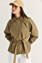 Women's Khaki Asymmetrical Zippered Belted Lined Short Trench Coat 2086 60286505 - 6