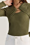 Women's Green Gold Accessory Double Breasted Collar Low-Cut Detailed Knitted Blouse 401-4 60286496 - 6