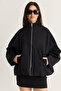 Women's Black Oversize High Collar Zippered Raglan Sleeve A-Line Short Trench Coat 2100 60286511