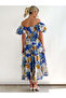 Blue Floral Off Shoulder Tiered Midi Dress - 3