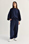 Women's Navy Blue Bat Sleeve Oversize Blouse Shalwar Trousers Modal Bottom-Top Set 4183 60286473 - 4