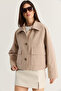 Women's Beige Wide Pointed Collar Pocketed Plaid Lined Short Trench Coat 5570 60286506