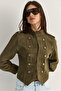 Women's Dark Green Mao Collar Decorative Buttoned Slim Fit Denim Napoleon Jacket 2955 60286503 - 6