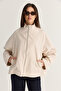 Women's Beige Oversize Stand Collar Zippered Raglan Sleeve A-Line Short Trench Coat 2100 60286511 - 2