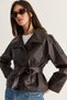 Women's Bitter Brown Stand Collar Epaulettes Belted Regular Fit Faux Leather Jacket 3178 60286513 - 3