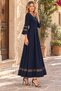 Women's Three Quarter Sleeves Wide U-Neck Tulle Stripe Detailed Long Janjan Crepe Dress - 4