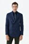 Navy Blue Slim Fit High Collar Striped Double Breasted Jacket - 3