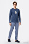 Men's Indigo 2-Piece 100% Cotton Soft Textured Striped Pajama Set with Side Pockets - 2