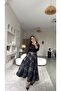 Anthracite Black Floral Long Elastic Skirt with Gold Buckle - 2