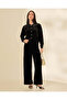 Women Black Plain Velour Button Front Top - 2