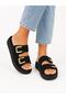 Women's Black Suede Double-Strapped Gold Buckle Thick Sole Comfortable Daily Slippers - 4