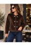 New Season Plush Fur Look Short Women's Jacket with Gold Buckle Pockets - 3