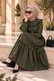 Kap Ferace Front Ruffled Sleeves with Rubberized Hem, Ruched Skirt, Khaki Green Crepe Fabric - 2