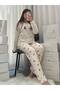 Ecru Cherry Patterned 4-Piece Bra and Long Sleeve Imported Premium French Velvet Pajama Set - 6