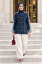 Women's Striped Detailed Buttoned Pocketed Dark Denim Blue Jacket - 2