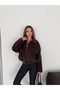Women's Plush Bomber Oversize Zippered Belt Detailed Short Seasonal Jacket - 2