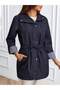 Women's Navy Blue Drawstring Waist Trench Coat with Side Pockets and Foldable Sleeves with Lining - 5