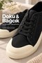 Women's Black Fabric Sneaker with Ecru Toe Detail, Lace-Up, Flat Sole, Casual Sports Shoes - 3
