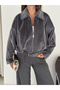Women's Plush Bomber Oversize Zippered Belt Detailed Short Seasonal Jacket