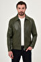 Straight Slim Fit Shirt Collar Zippered Faux Leather Men's Coat Khaki - 39677.26K - 5