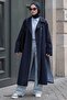 High Collar Lined Navy Blue Trench Coat - 3
