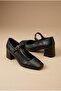 Marlee Women's Black Genuine Leather Lined Ankle Strap Thick Heeled Shoes - 7