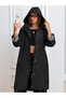 Ladzyzey Women's Black Mid-Length Hooded Waist Elasticated Foldable Sleeve Trench Coat - 4