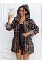 Women's Brown Maze Patterned Hooded Trench Coat with Elastic Waist and Foldable Sleeves