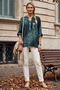 Italian Green Judge Collar Long Sleeve Leopard Patterned Sequin Pocket Casual Linen Look Woven 73 65 - 7