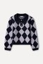 Women's Navy Blue Jacquard Polo Collar Sweater