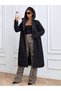 Women's Black Hooded Long Trench Coat with Drawstring Waist - 7