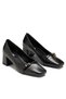 Women's Black Blunt Toe, Stitched Front, Thick Heeled, Gold Belt Detailed, Comfort Sole Stiletto