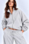Gray 3 Threaded Ribbed High Collar Oversize Sweatshirt with Iron Zipper - 4