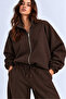 Brown 3-Thread Ribbed High Collar Oversize Sweatshirt with Iron Zipper - 4