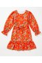 Girl's Floral Patterned Long-Sleeved Belted Flared Skirt Lined Dress - 5
