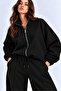 Black 3 Threaded Ribbed High Collar Oversize Sweatshirt with Iron Zipper - 2