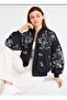 Women's Navy Blue Floral Embroidered Zippered Denim Coat - 3