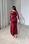 Women's Burgundy Glittery Floral Embroidered Transparent Detailed Belted Front Maxi Long Sleeve Tulle Dress - 4