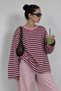 Women's Long Sleeve Crew Neck Striped Pink Oversize T-Shirt - 3