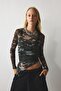 Fitted Crew Neck Camouflage Patterned Tulle Long Sleeve T-Shirt I9390Ax26Au - 3