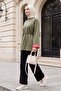 Slit Crew Neck Combed Cotton Sweatshirt with Tie at the Waist -Khaki - 4