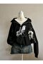 3 Thread Black Rock the World Half-Zip Sweatshirt - Printed Oversized Stand Collar