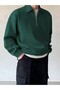 3 İplik Nefti Green Basic Plain Half-Zip Sweatshirt - Oversize Stand-Up Collar - 3