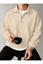 3 İplik Beige Basic Plain Half-Zip Sweatshirt - Oversize Stand-Up Collar