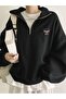 3 Thread Black Peace Bow Pattern Half Zipper Sweatshirt - Printed Oversize Stand Collar